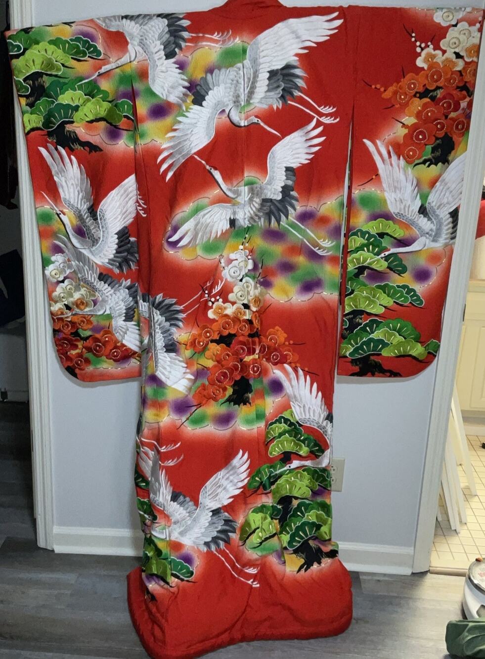 VTG VINTAGE JAPANESE UCHIKAKE RED WEDDING CRANE SILK KIMONO